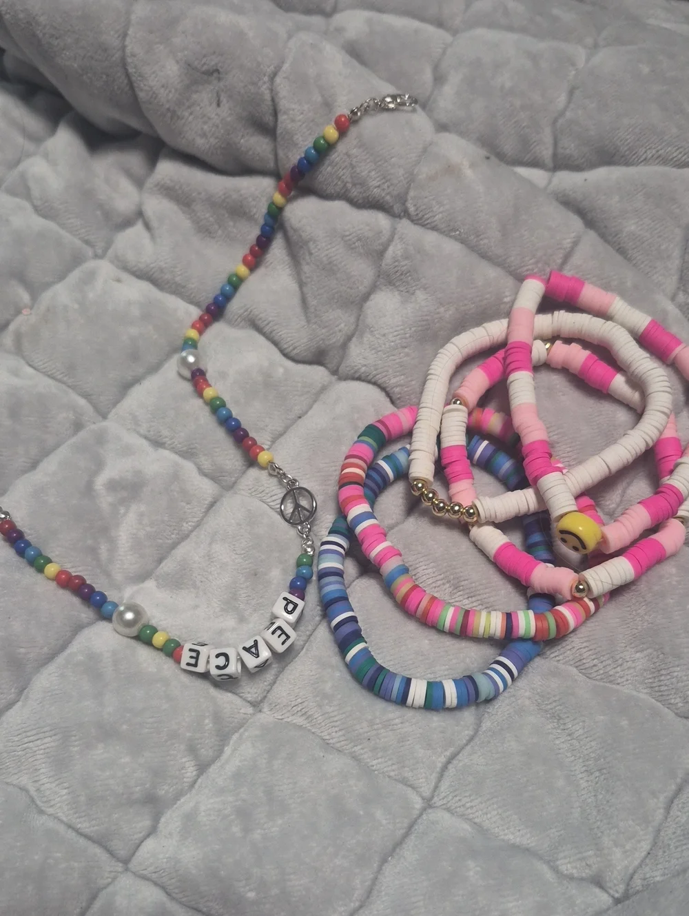 Kids Rainbow Beaded Bracelet & Necklace Set - Pink / Multicolor